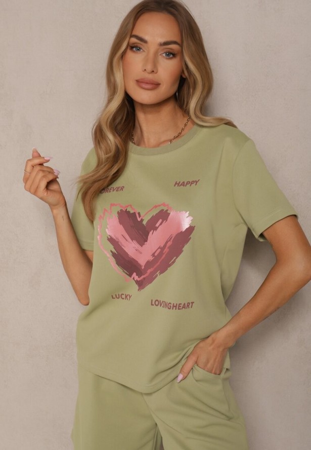 Jasnozielony T-shirt z Nadrukiem w Kształcie Serca Palalea