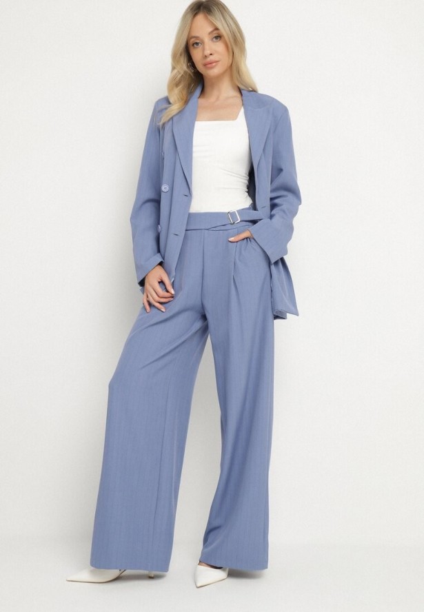 Niebieskie Garniturowe Spodnie Szerokie z Wiskozą i Paskiem Ellifira