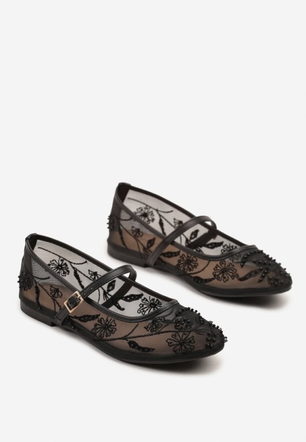 Czarne Balerinki z Siateczki Ozdobione Haftami ze Sprzączką Divalen