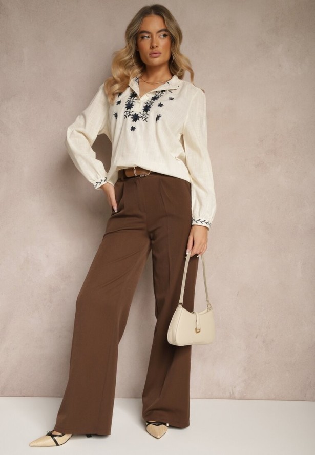 Beżowa Bawełniana Koszula ze Stójką Guzikami i Ozdobnym Haftem Gonnalia