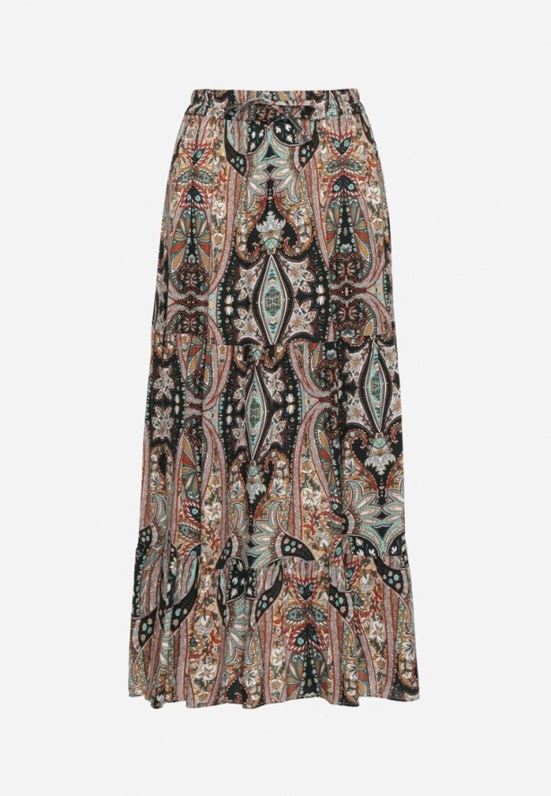 Beżowo-Czarna Wiskozowa Spódnica ze Wzorem Paisley Ellishea