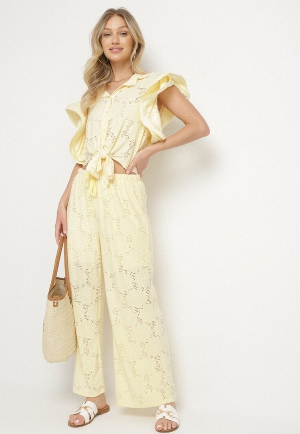 Żółty Ażurowy Komplet Koszulowa Bluzka z Wiązaniem i Szerokie Spodnie Linarisa
