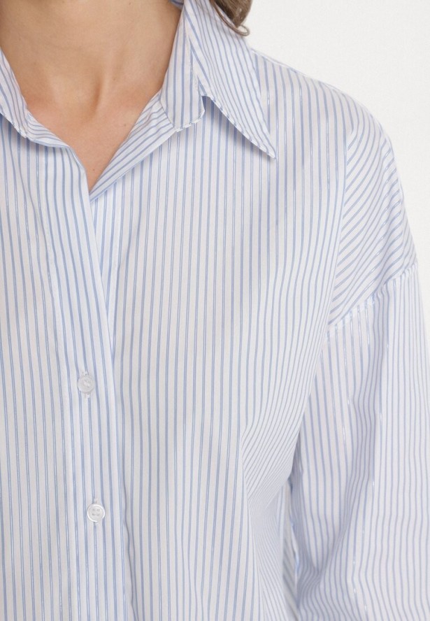 Niebieska Bawełniana Koszula Oversize w Prążki Zdobiona Metaliczną Nicią Paserella