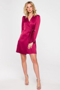 Sukienka satynowa kopertowa mini z wiązaniem w talii bordowa