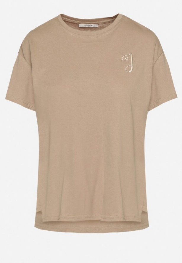 Beżowy T-shirt z Asymetrycznym Tyłem i Ozdobnym Haftem Ninissara