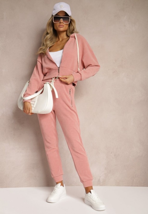 Różowy Komplet Dresowy z Dodatkiem Bawełny Spodnie z Gumką w Talii Bluza z Kapturem Sesaria
