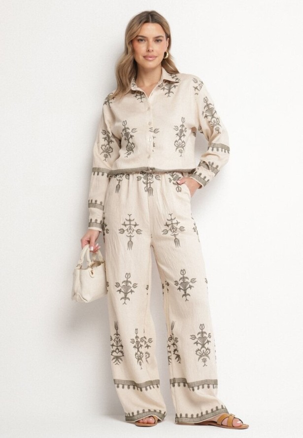 Beżowy Komplet z Wiskozy w Stylu Boho Koszula i Spodnie Zdobione Haftem Sarhiris
