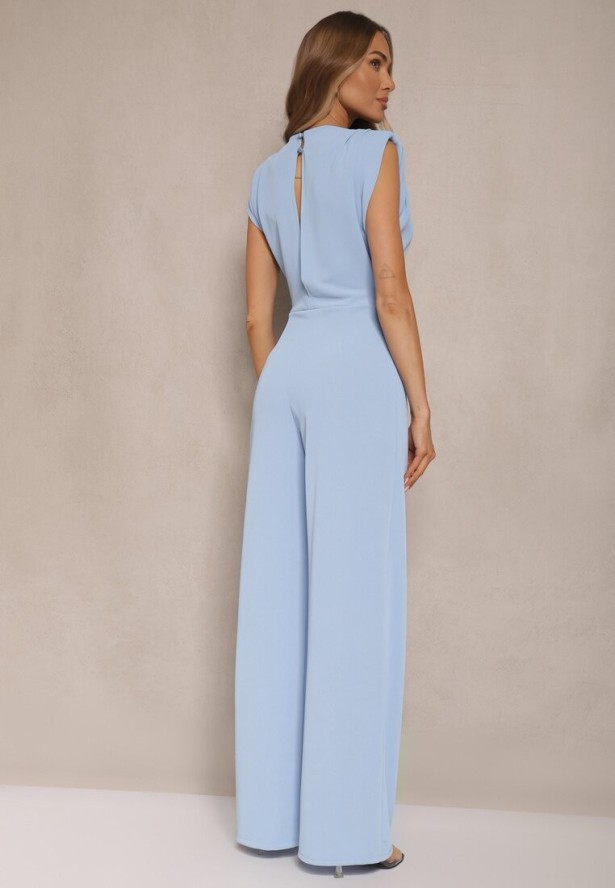 Niebieski Kombinezon Bez Rękawów z Szeroką Nogawką i Marszczeniem Sepellia