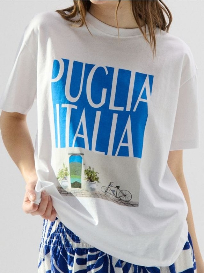 Bawełniana koszulka loose fit z nadrukiem - biały