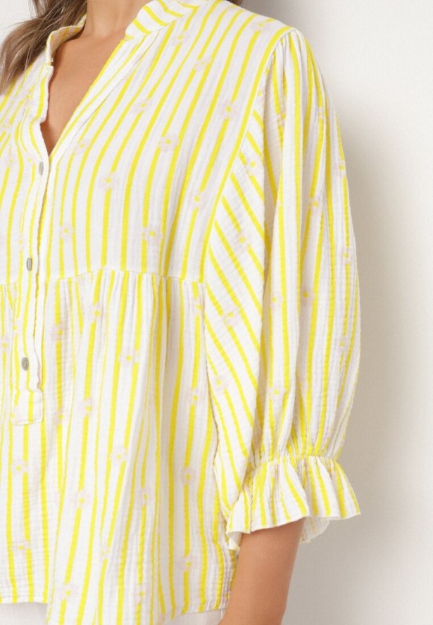 Żółta Bawełniana Koszula z Dekoltem w Serek w Kwiatowy Wzór Mailovelle