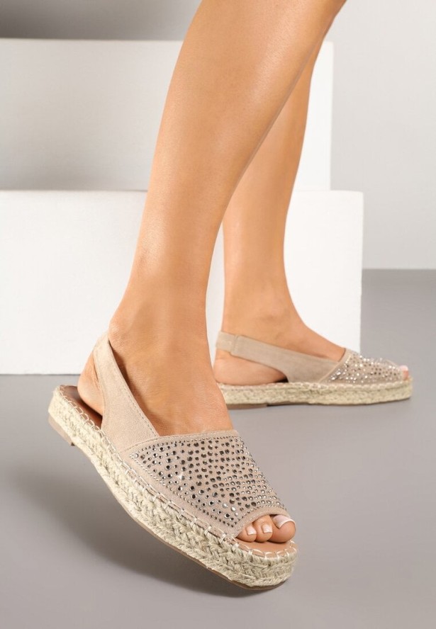 Ciemnobeżowe Sandały w Stylu Espadryli z Cyrkoniami na Podeszwie z Plecionki Neorwena