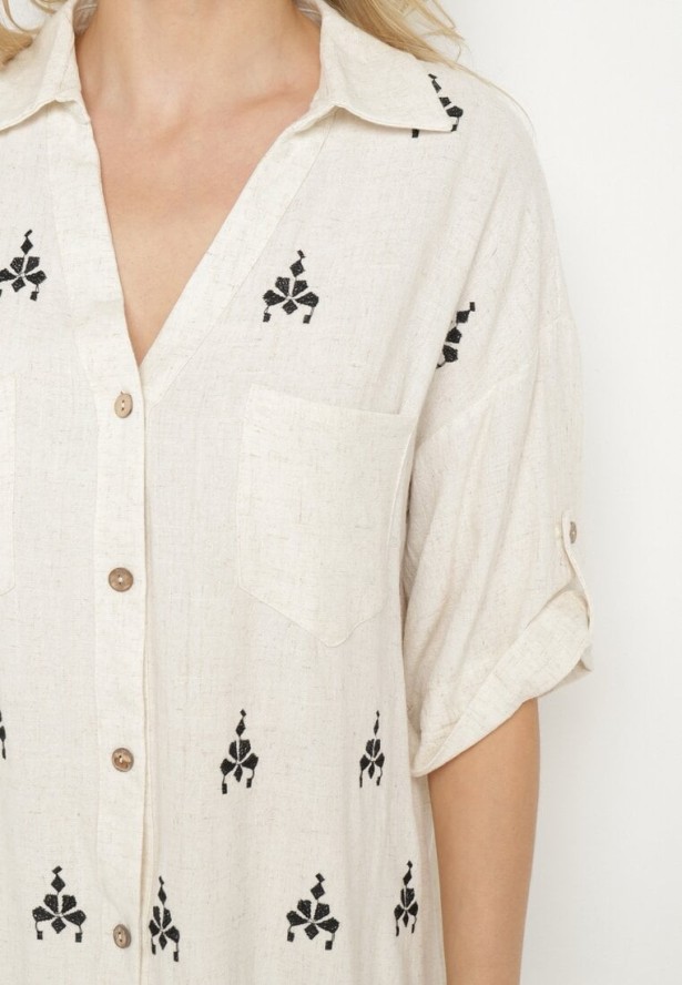 Biało-Czarna Koszula Overisze z Wiskozy i Lnu z Wzorem Etno Jaslena