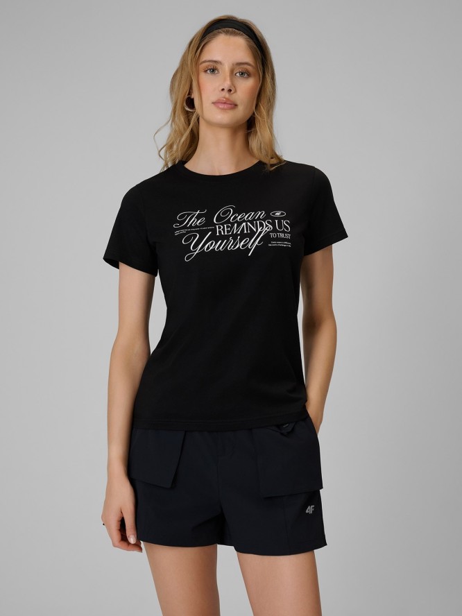 4F T-shirt regular z nadrukiem damski - czarny S