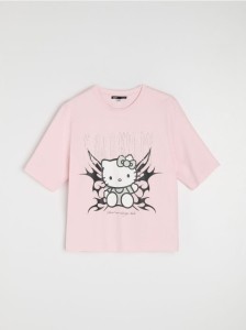 Bawełniana koszulka z nadrukiem i dżetami Hello Kitty - różowy