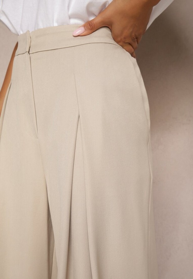 Beżowe Szerokie Spodnie z Wiskozą o Garniturowym Kroju z Zakładkami i Kieszeniami Lobine