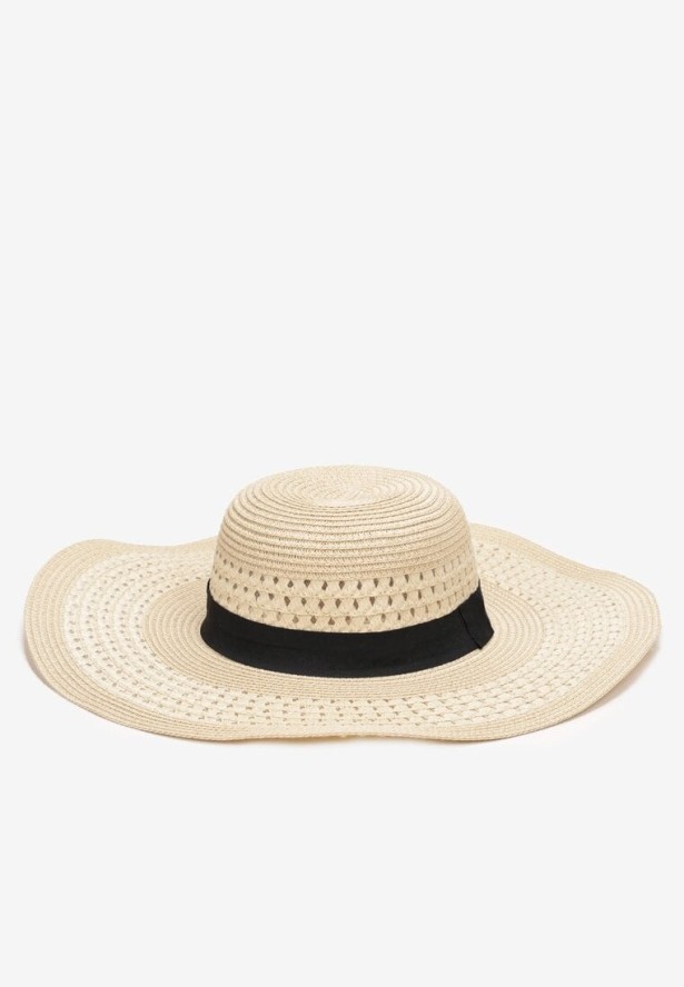 Jasnobeżowy Szeroki Kapelusz z Plecionego Papieru z Ozdobną Taśmą Coseia