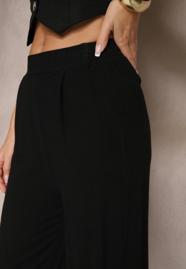 Czarne Spodnie z Lnem i Bawełną o Szerokim Kroju High Waist Sallieta