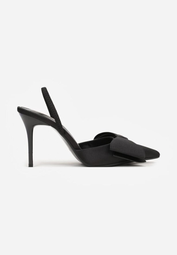 Czarne Sandały Satynowe na Szpilce Slingback Ozdobione Kokardą Daemoris