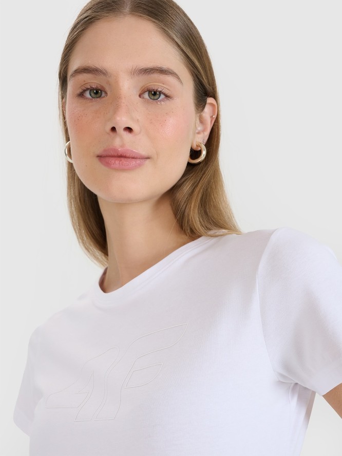 4F T-shirt slim z nadrukiem damski - biały S