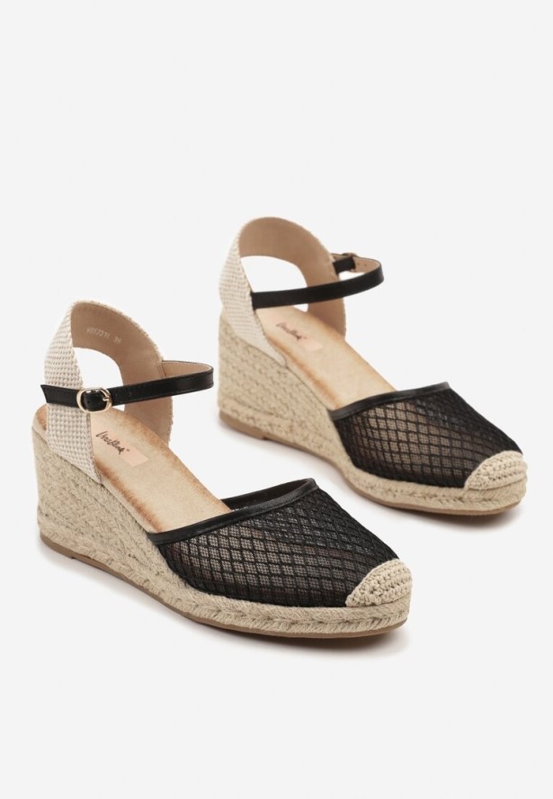 Czarne Sandały Espadryle na Koturnie z Plecionki z Siateczką Meranisea
