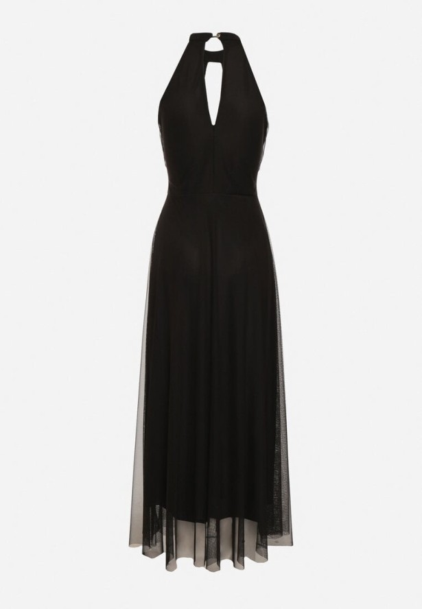 Czarna Wieczorowa Sukienka ze Stójką Wiązana w Talii Ozdobiona Siateczką Nestasoni