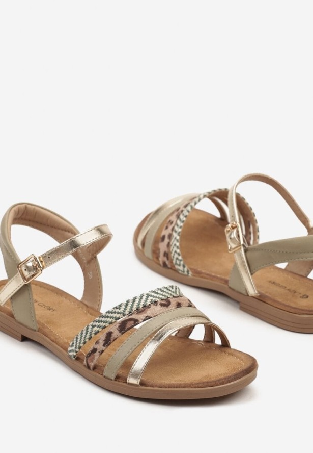 Zielono-Beżowe Sandały z Ozdobnymi Paskami i Panterką Xalvania
