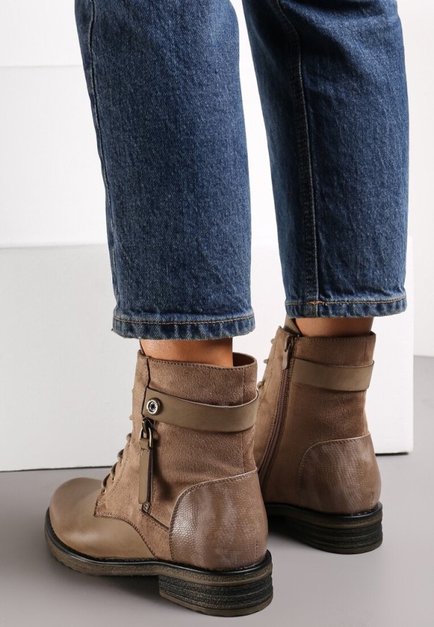 Ciemnobeżowe Botki Workery Ozdobione Suwakiem i Wstawkami z Imitacji Zamszu Esanotte