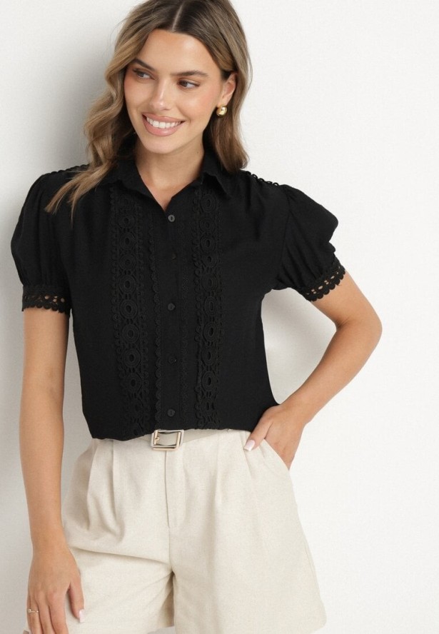 Czarna Koszula z Wiskozy Ozdobiona Koronką Tezinea