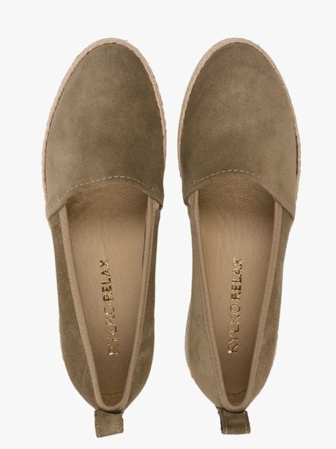 Oliwkowe espadryle ze skóry welurowej