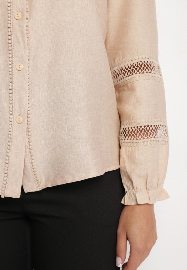 Beżowa Wiskozowa Koszula o Prostym Kroju Zdobiona Koronkowymi Wstawkami Cesinia