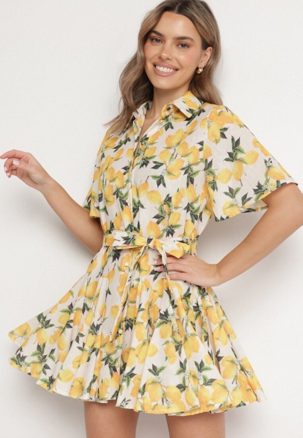 Beżowa Sukienka Koszulowa o Rozkloszowanym Kroju z Wiązanym Paskiem Laviliona