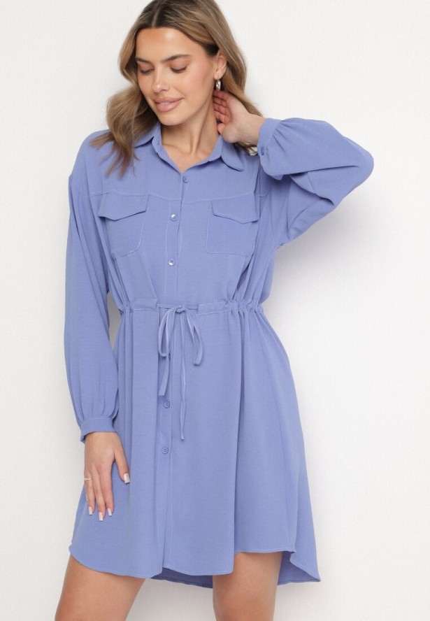 Niebieska Koszulowa Sukienka z Bawełną i Wiązaniem w Pasie Ulalienna