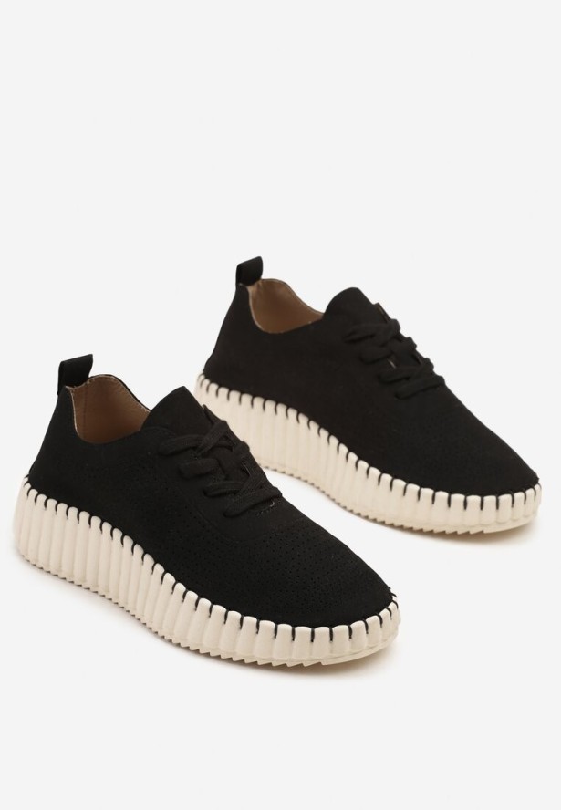 Czarne Ażurowe Sneakersy na Grubej Podeszwie z Tłoczeniem Ronele
