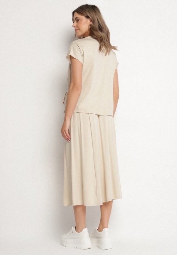 Beżowy Komplet z Wiskozą Spódnica i Bluzka z Wiązaniem Davissael