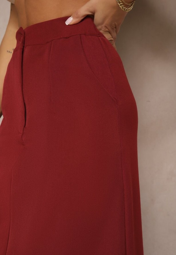 Bordowa Spódnica Ołówkowa z Wiskozą High Waist z Rozcięciem Semivinia