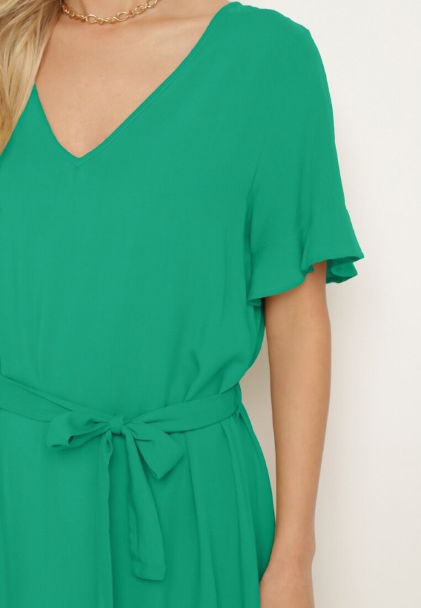 Ciemnozielona Sukienka Pudełkowa z Materiałowym Paskiem i Falbanką Dimovas