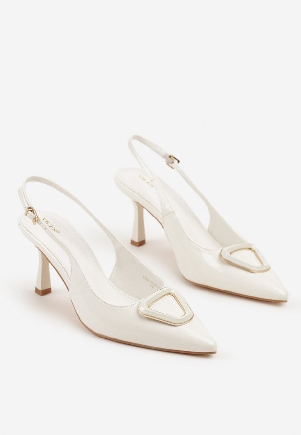 Białe Lakierowane Czółenka Sandały Vices na Szpilce Bez Pięty z Ozdobną Aplikacją Atenarrea