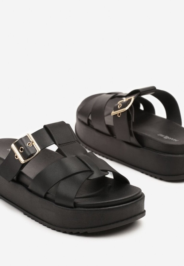 Czarne Klapki z Ozdobnymi Paskami i Kwadratową Klamrą Anisera