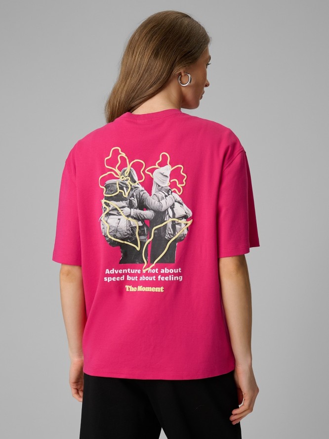 4F T-shirt loose z nadrukiem damski - różowy S