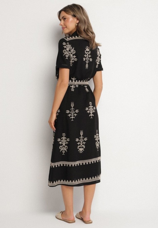 Czarna Wiskozowa Sukienka Koszulowa z Haftowanym Wzorem i Paskiem Divalis