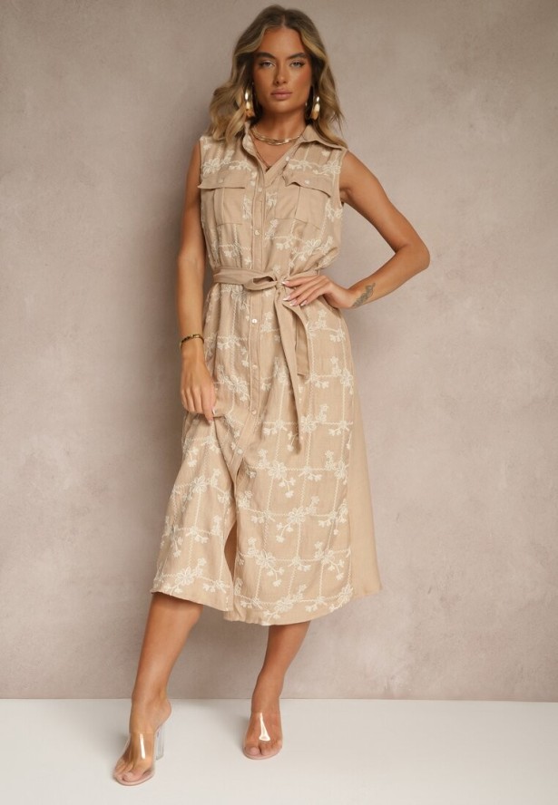 Beżowa Sukienka Koszulowa z Wiązanym Paskiem i Haftowanym Zdobieniem Malenea