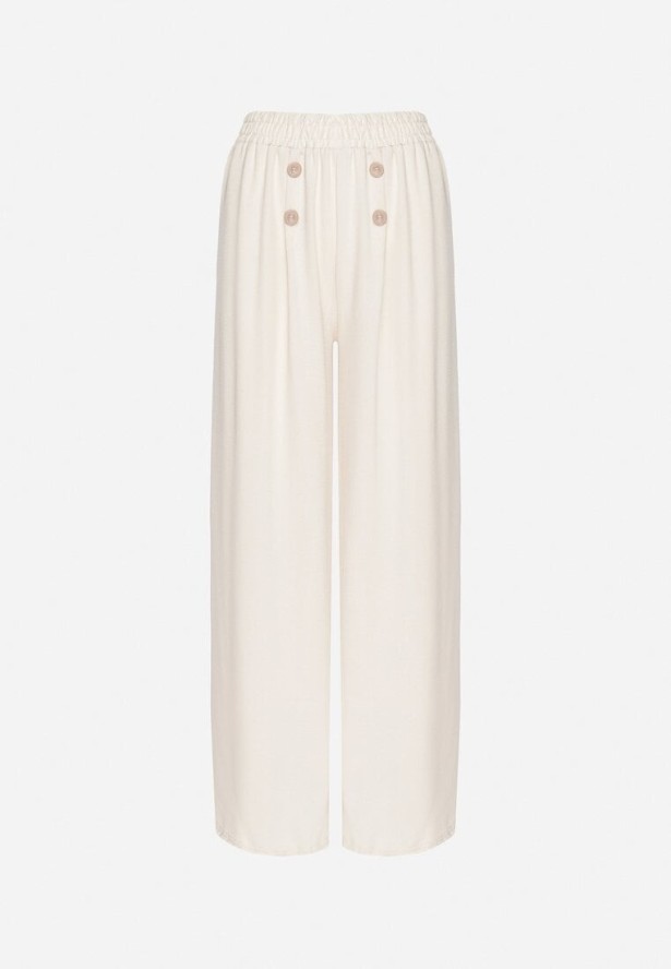 Jasnobeżowe Szerokie Spodnie z Bawełną Wysokim Stanem i Guzikami Avelritia