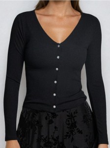 Prążkowana bluzka z dekoltem V - czarny