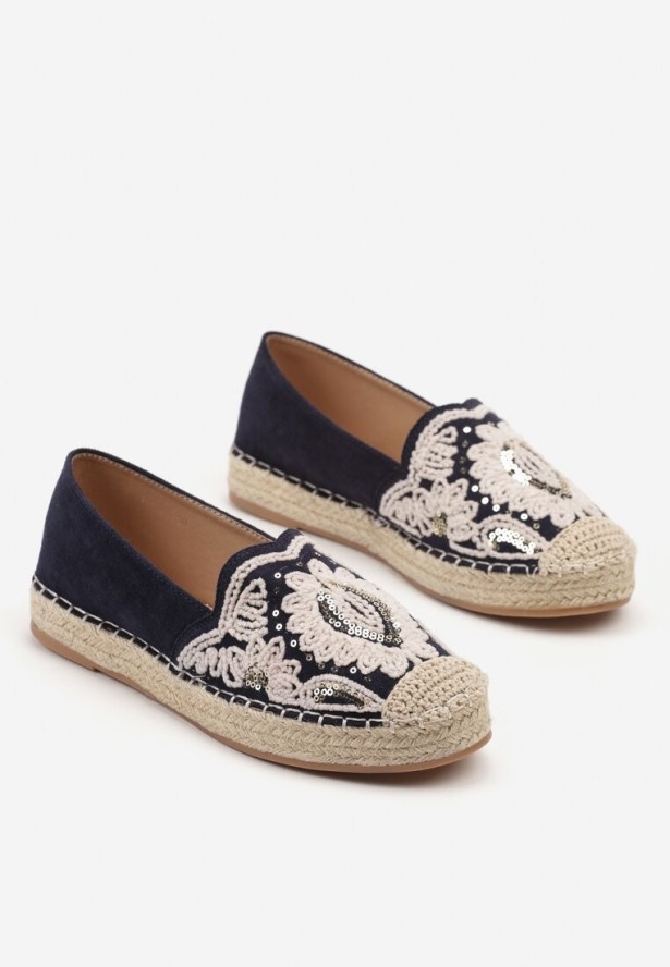Granatowe Espadryle z Plecioną Podeszwą Cekinami i Haftem Merelitia