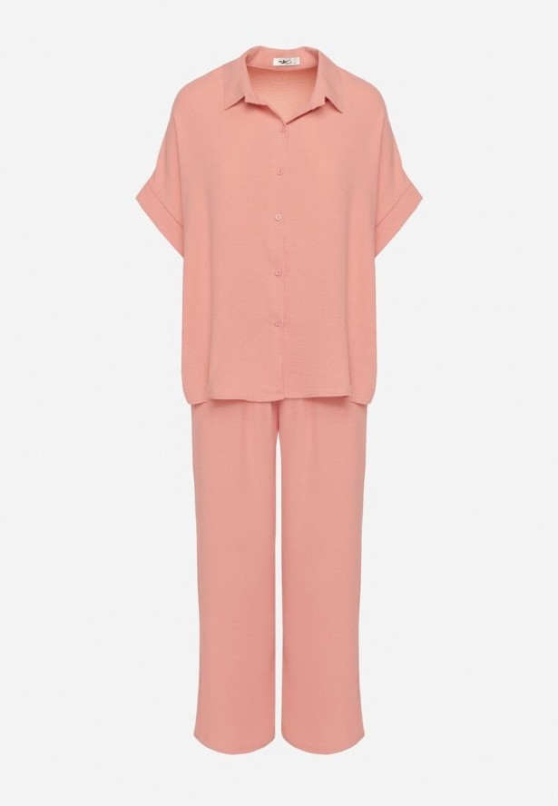 Różowy Komplet Koszula z Krótkim Rękawem i Szerokie Spodnie Maralissa