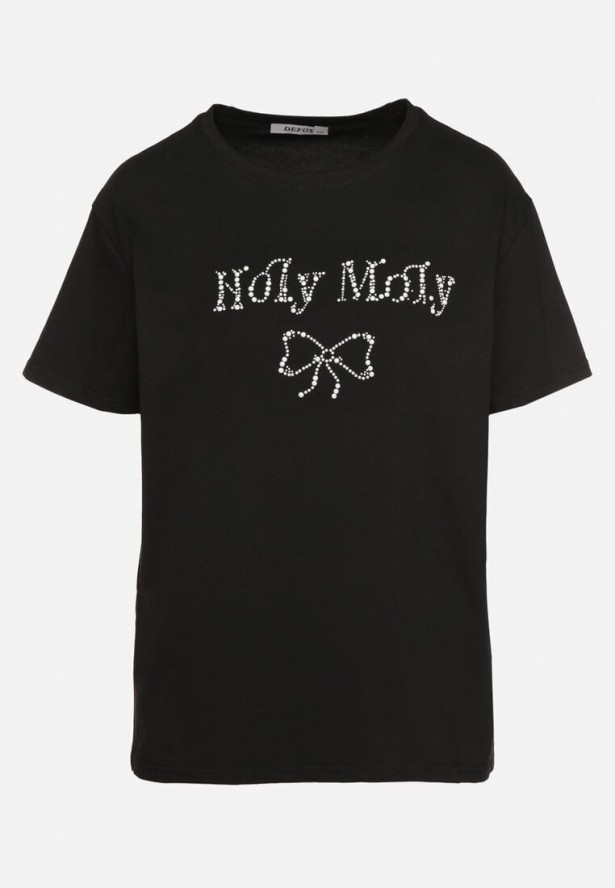 Czarna Bawełniana Bluzka z Napisem i Kokardą Tinala