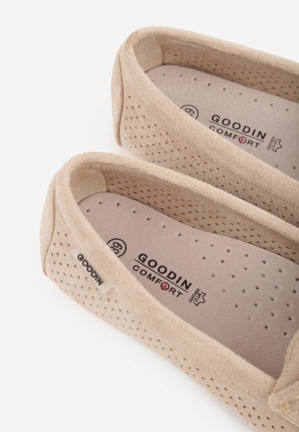 Beżowe Ażurowe Mokasyny ze Skórzaną Wkładką Ozdobione Przeszyciami Sylilise