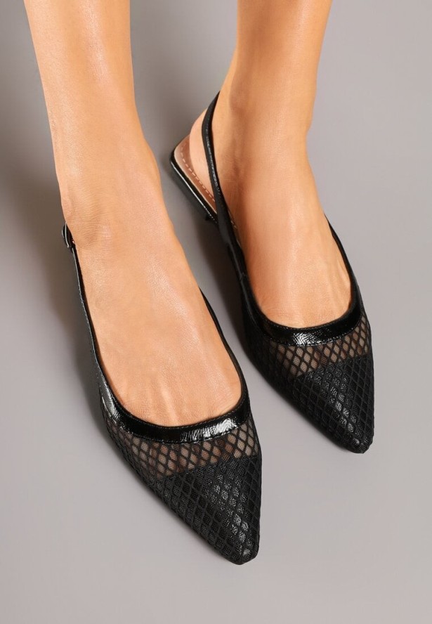 Czarne Sandały z Siateczki z Noskiem w Szpic i Odkrytą Piętą Faltia