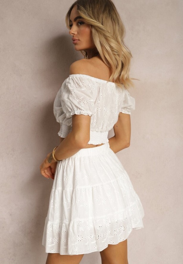 Biały Bawełniany Komplet Ażurowy Krótki Top Spódnica z Gumką w Pasie Igue