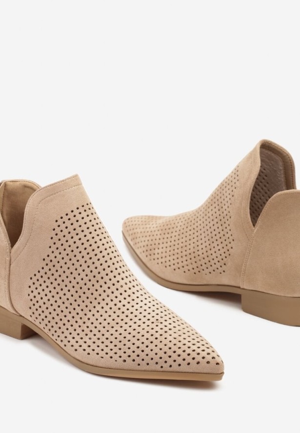 Beżowe Płaskie Botki Vices z Ażurową Cholewką Ozdobione Wycięciem Selanis